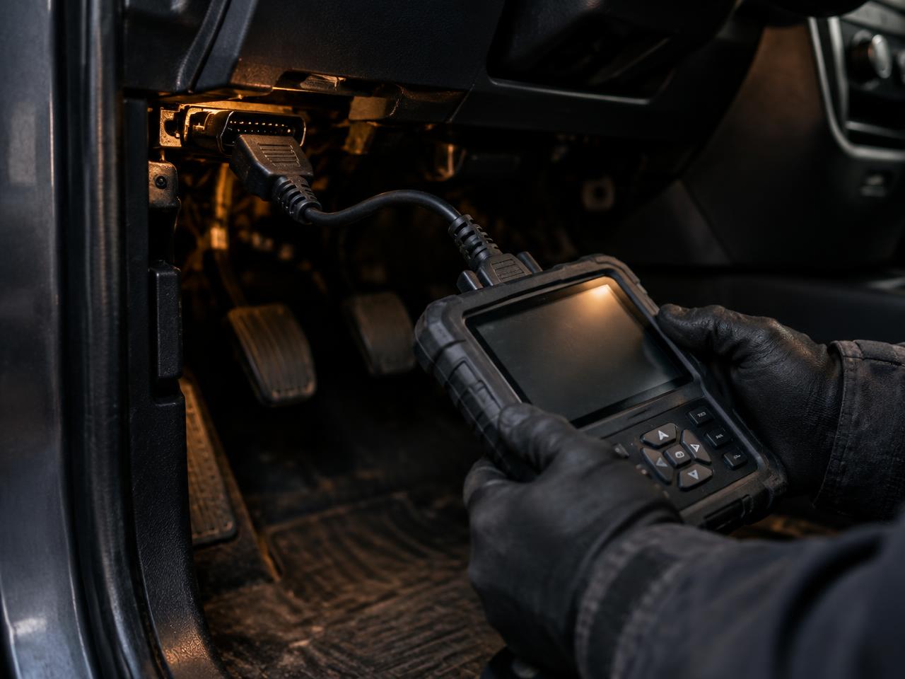 Technician running a diagnostic scan on a vehicle