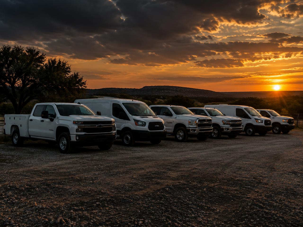 Row of fleet trucks parked in a service yard